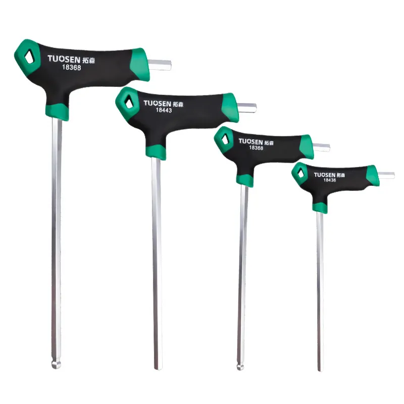 Single extra‑long flat‑head hex key with extension bar, and T‑handle ball‑end hex wrench with a bent/crank handle (walking‑cane style).